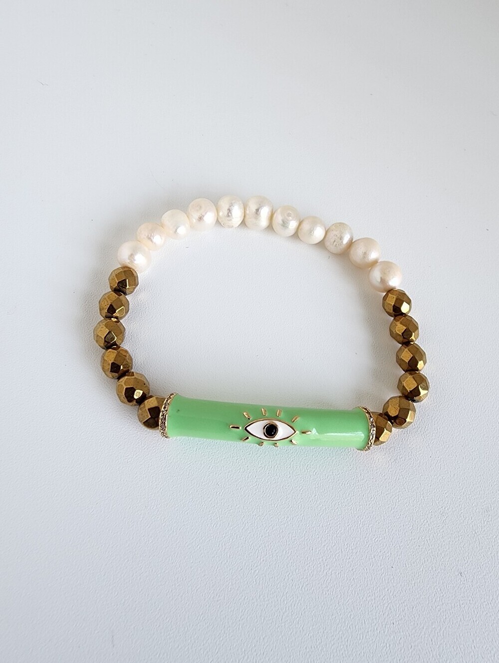 Mint Green Evil Eye Pearl Hematite Stretch Bracelet Gold Tone Boho Chic